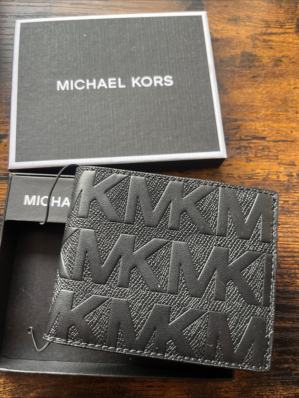 Michael Kors Black Embossed MK Logo Leather Money Clip Wallet